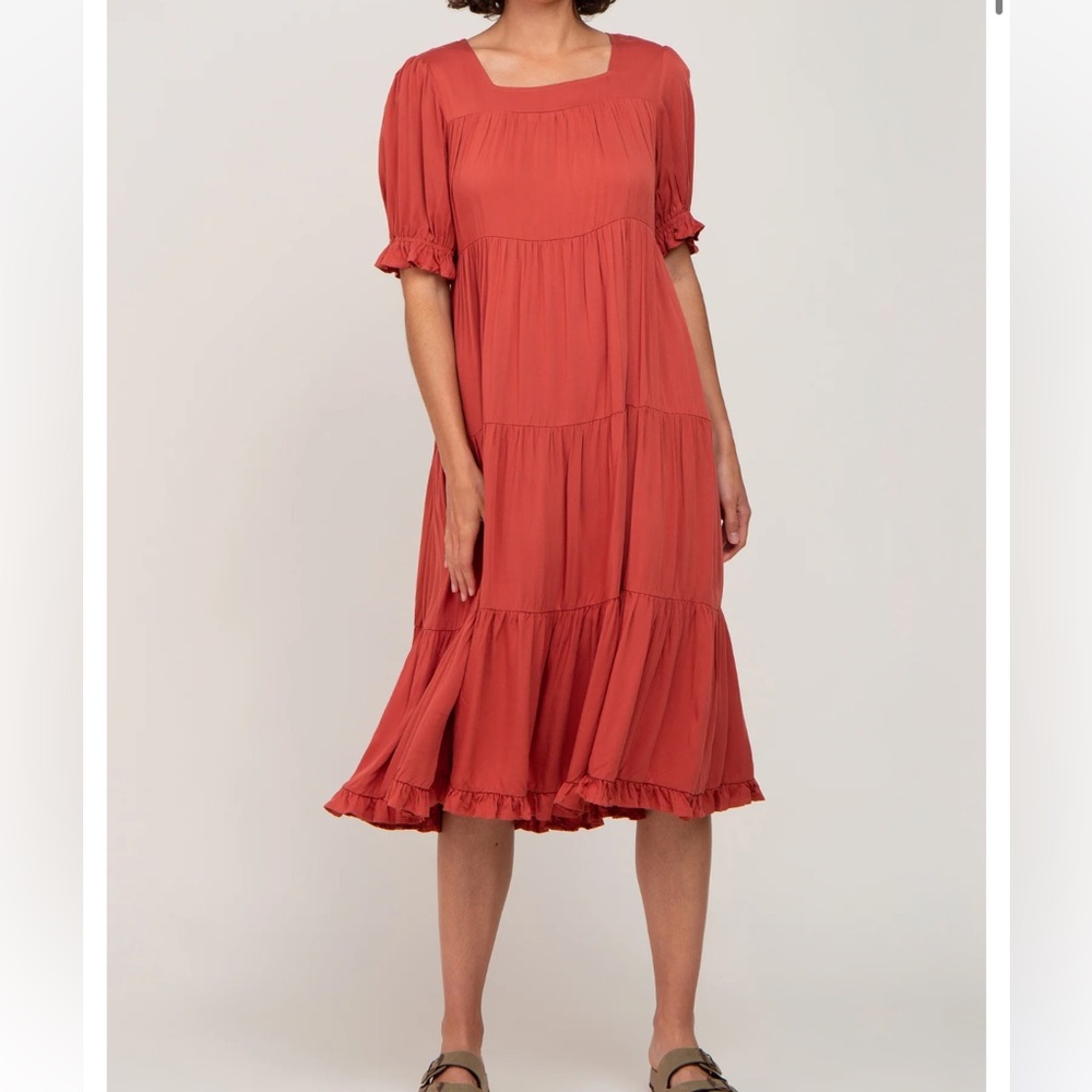 Tiered Midi Dress in Terracotta Red